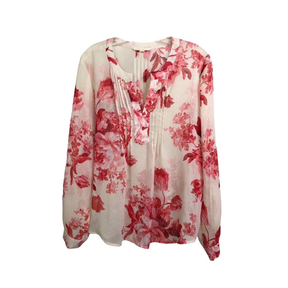 Creative Commune Women Top L Glenlea Blouse Tunic Red Floral Boho V-Neck Sheer